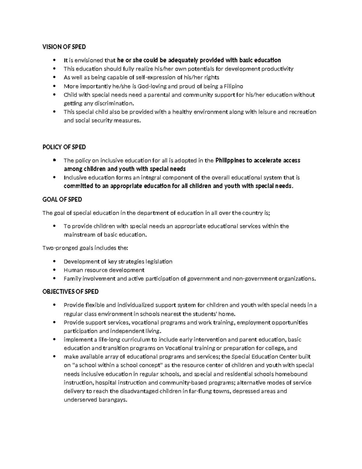 SPED - BEED SPED - VISION OF SPED It is envisioned that he or she could ...