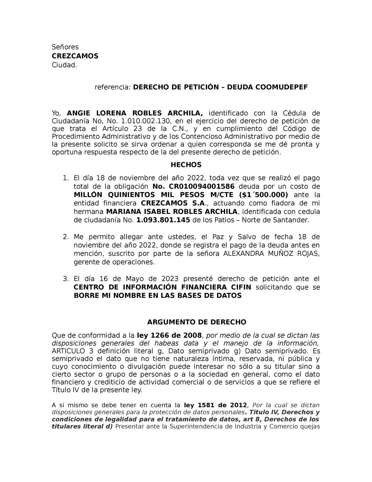 Derecho de petición de Angie Lorena Robles Archila (habeas data ...