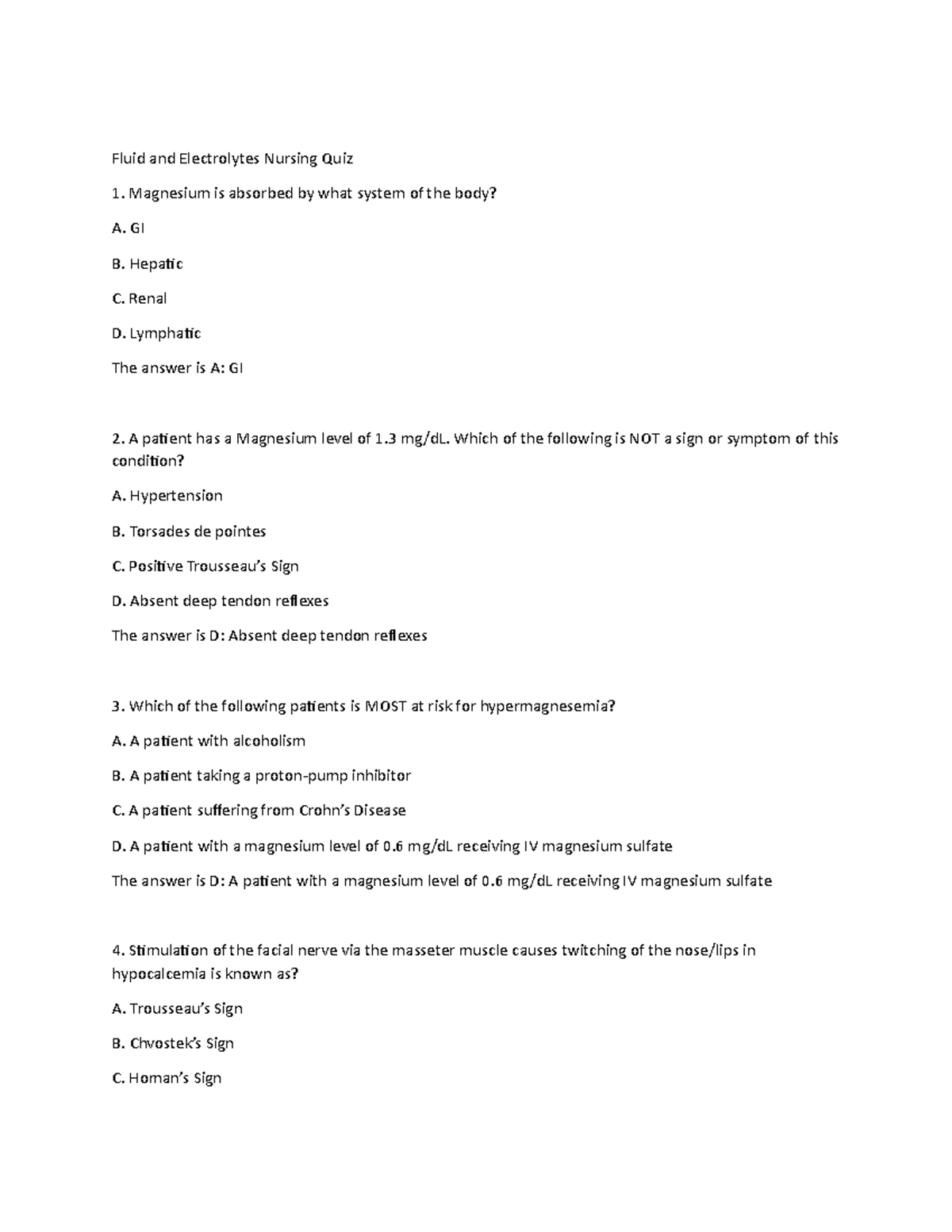 Fluid AND Electrolyte QUIZ - Fluid and Electrolytes Nursing Quiz ...