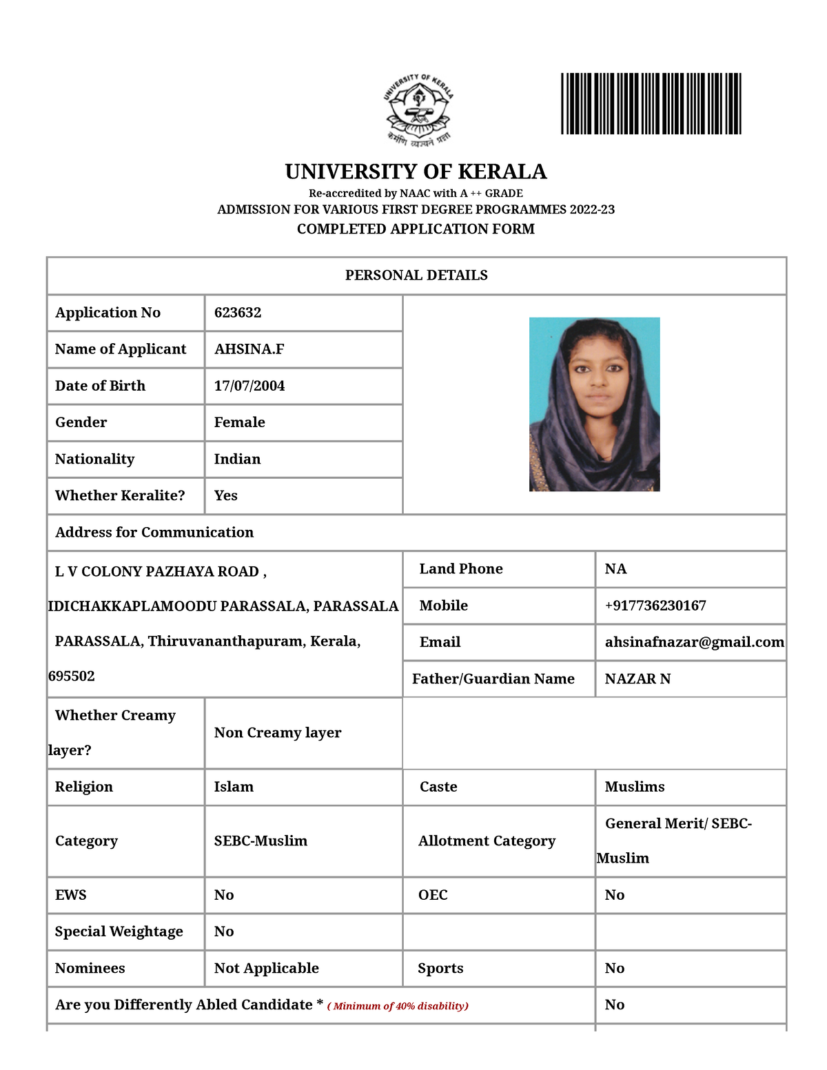 Kerala University Admissions UNIVERSITY OF KERALA ADMISSION FOR