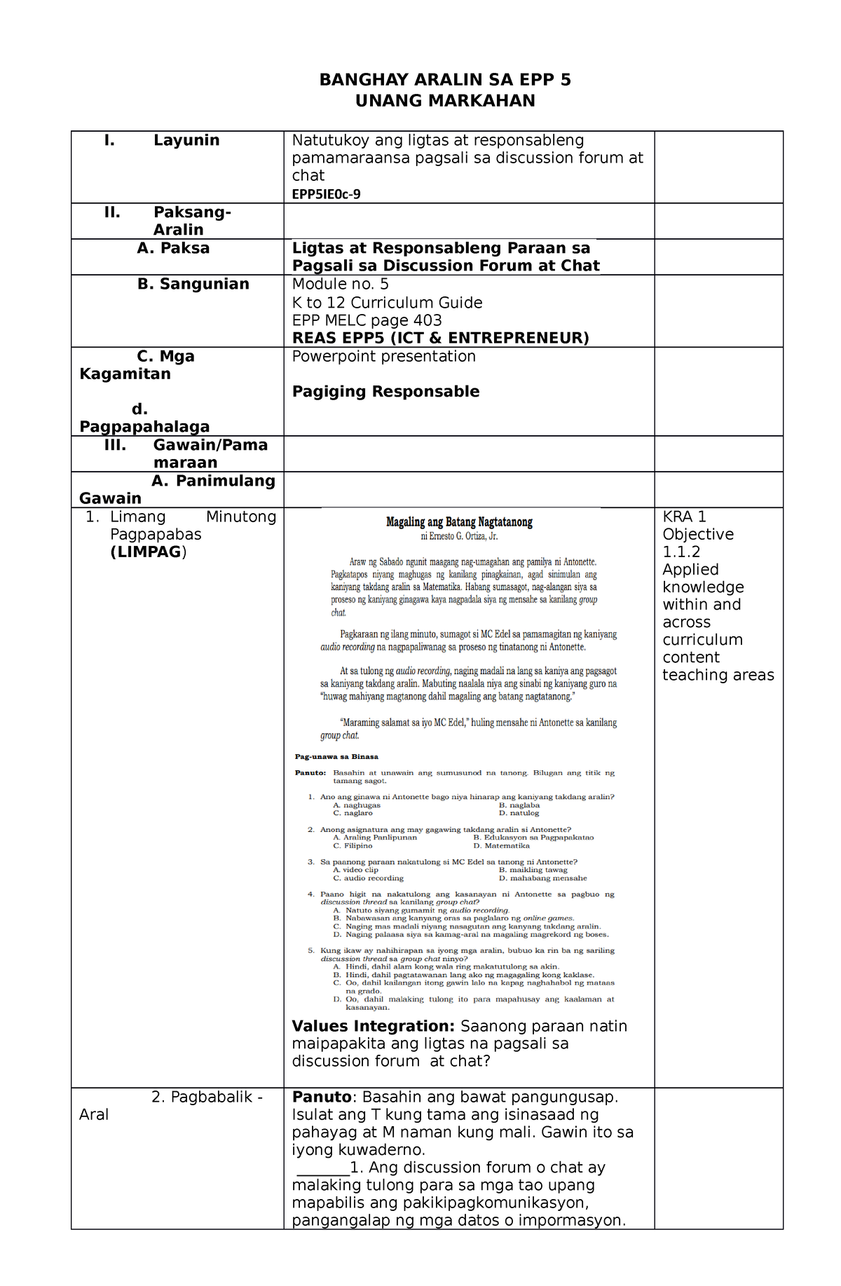 Daily Lesson Plan - BANGHAY ARALIN SA EPP 5 UNANG MARKAHAN I. Layunin ...