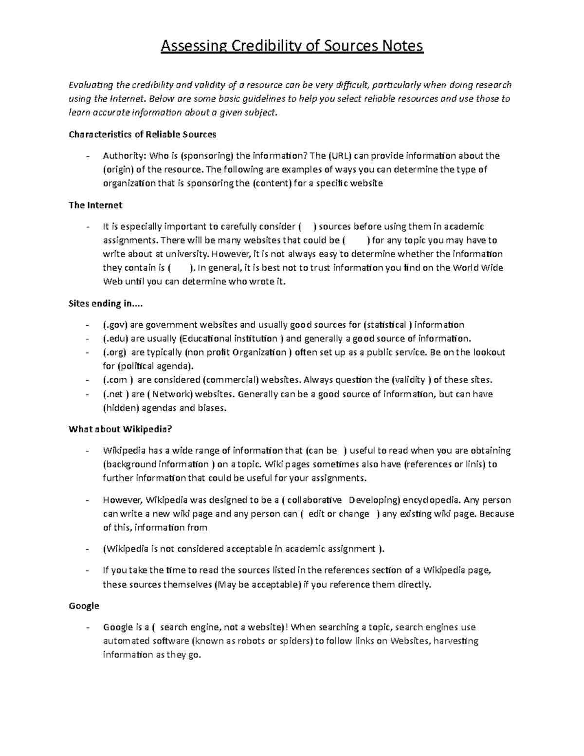 Assessing Credibility Guided Notes - Assessing Credibility Of Sources ...