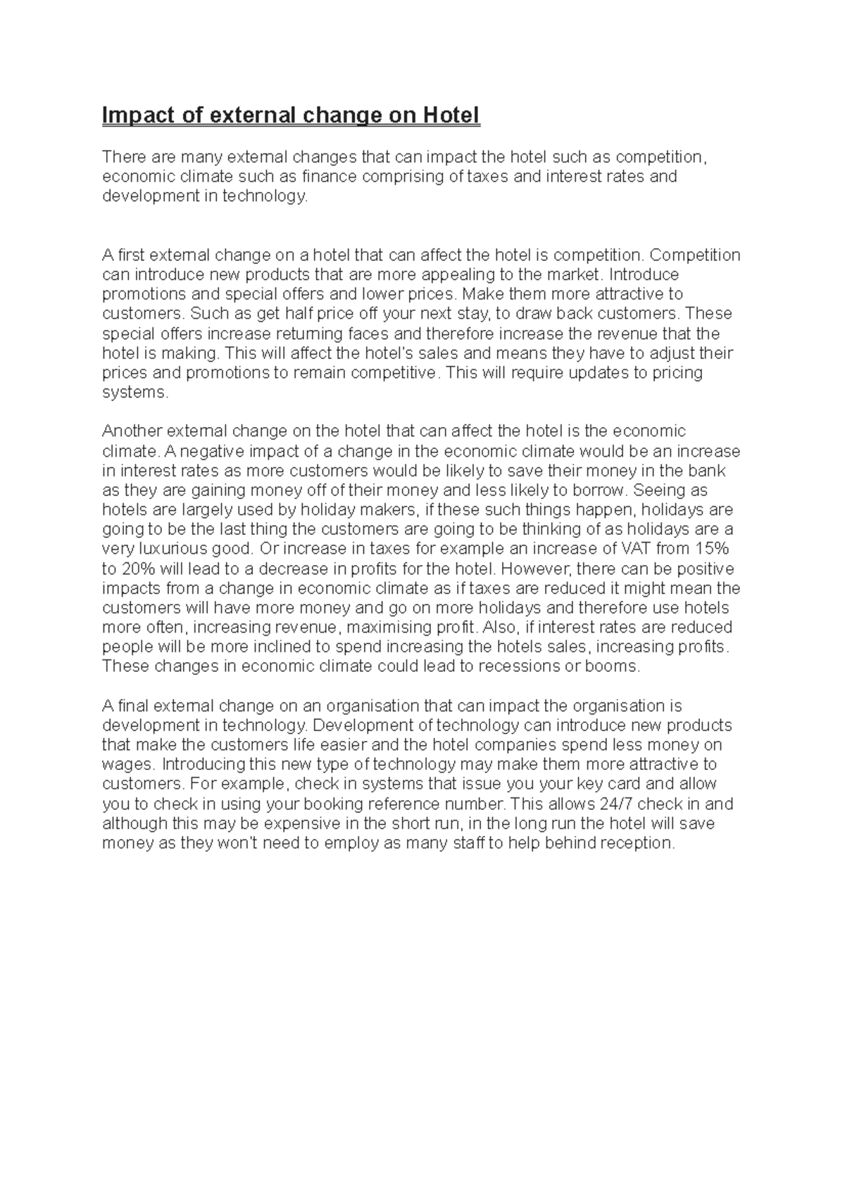 Impact of external change on Hotel - A first external change on a hotel ...