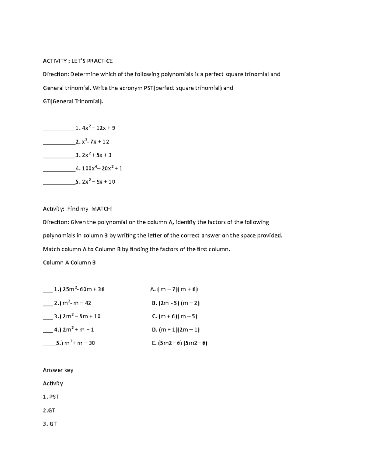 Activity trinomials - nOTES - ACTIVITY : LET’S PRACTICE Direction ...