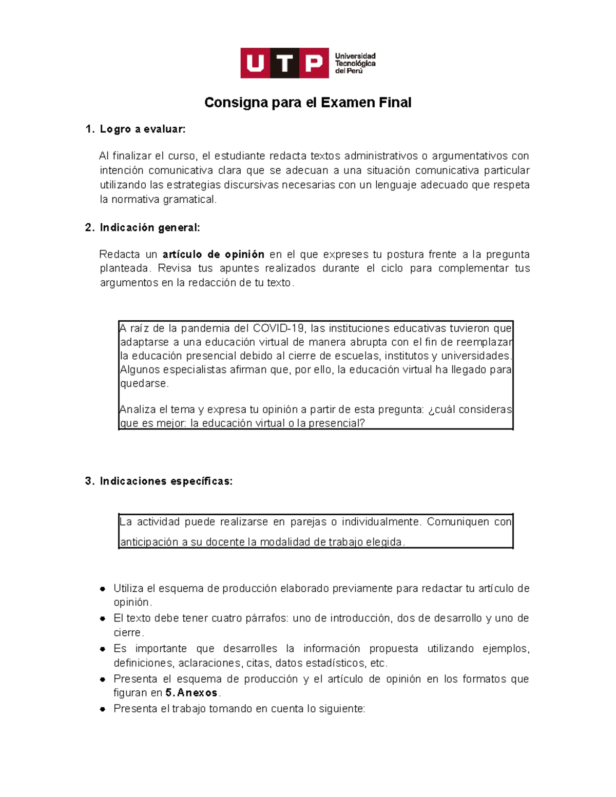 Examen Final S18 Consigna Para El Examen Final 1 Logro A Evaluar Al Finalizar El Curso El 5186