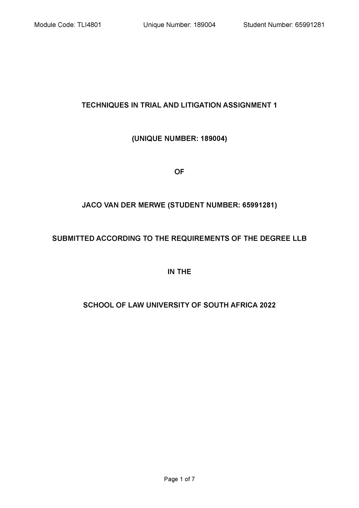 Assignment 1 PDF - TECHNIQUES IN TRIAL AND LITIGATION ASSIGNMENT 1 ...