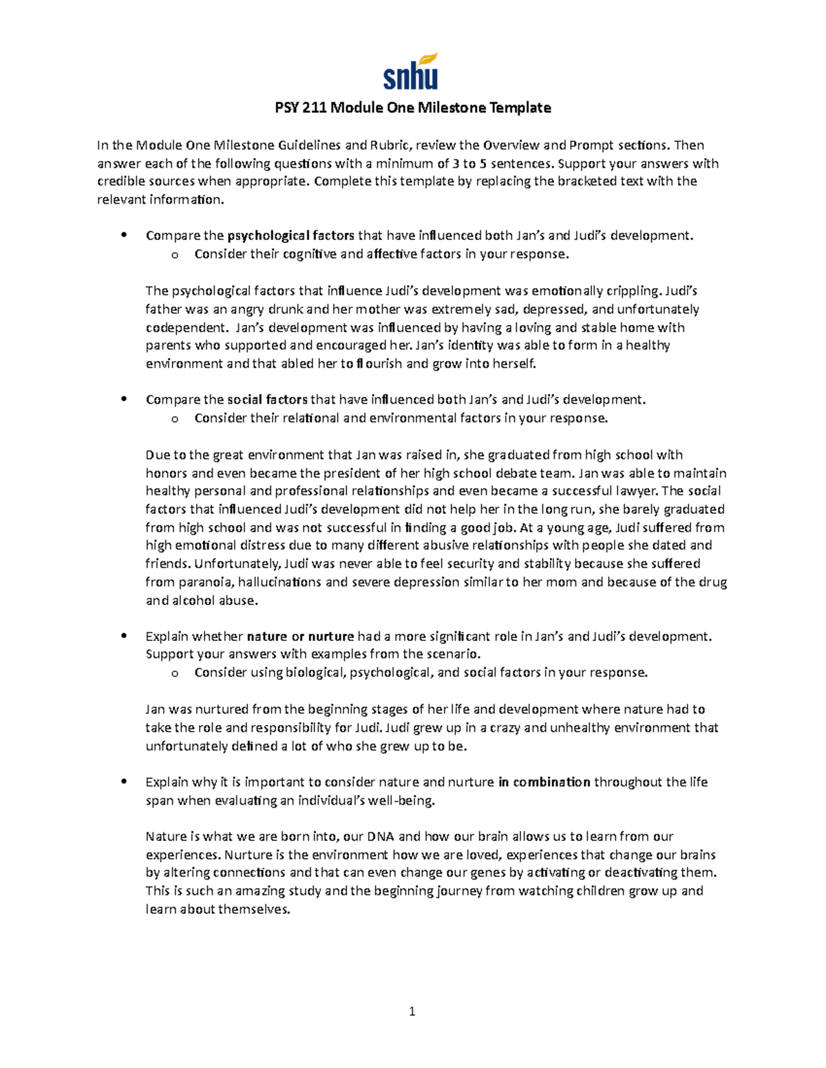 PSY 211 Module One Milestone Template - Then answer each of the ...