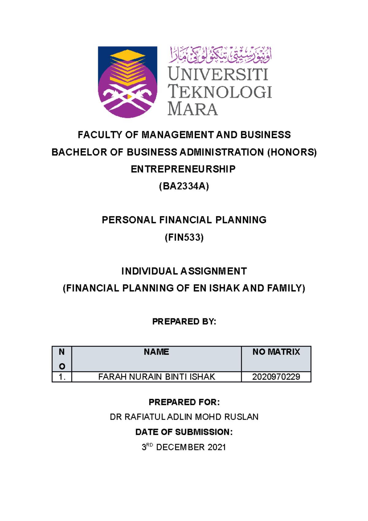 Assignment FIN533 - FACULTY OF MANAGEMENT AND BUSINESS BACHELOR OF ...