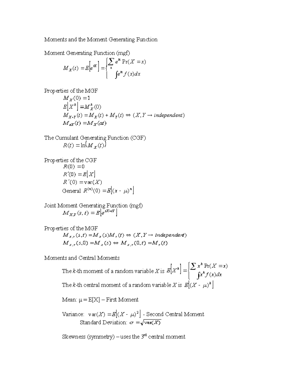 Moments - Lecture notes 1-14 - Moments and the Moment Generating ...