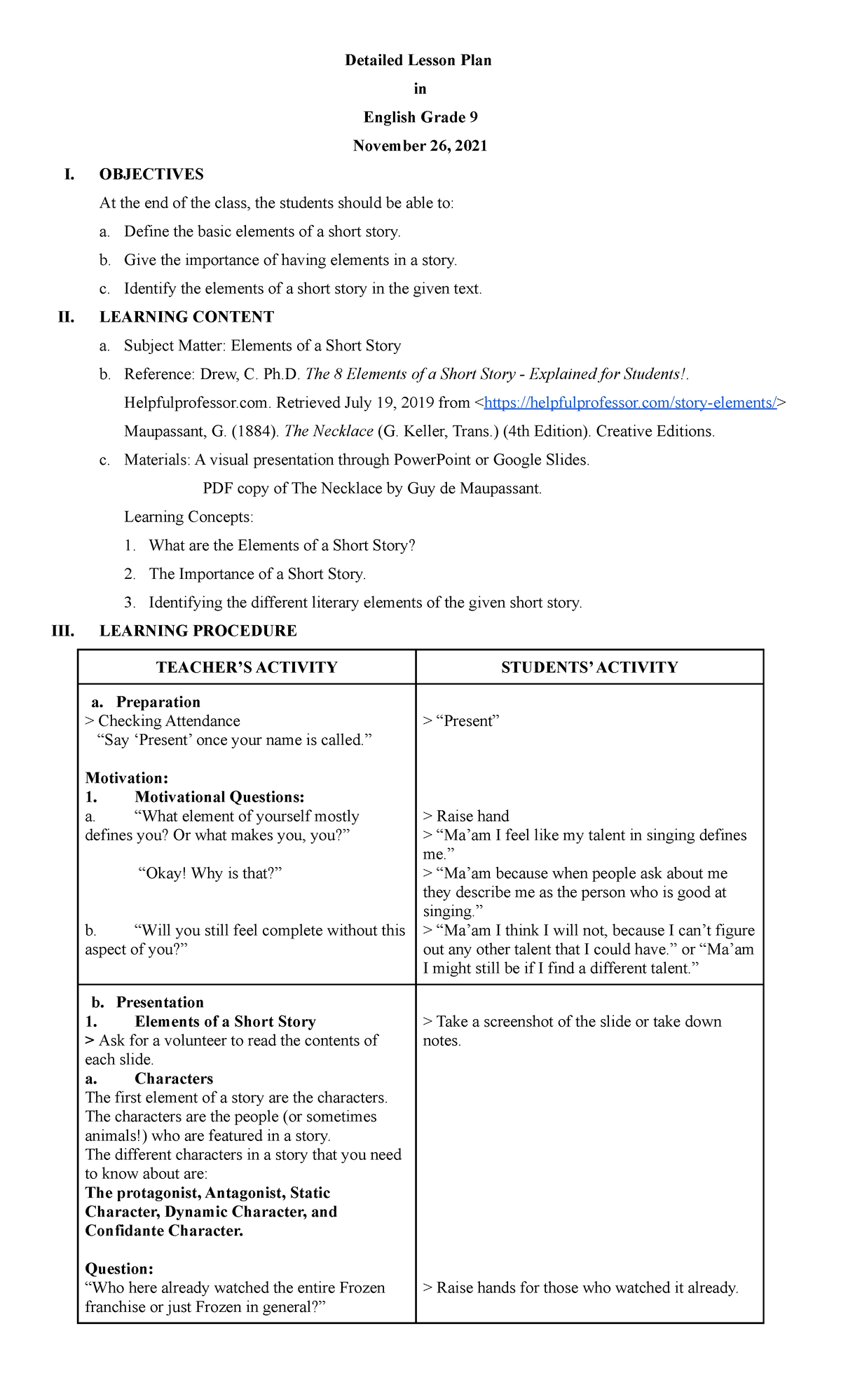 Example Of Detailed Lesson Plan About Short Story