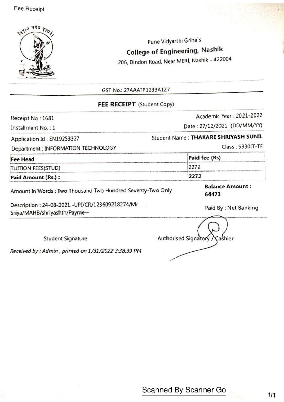 Fees Receipt - fees - Information technology - Scanned By Scanner Go ...
