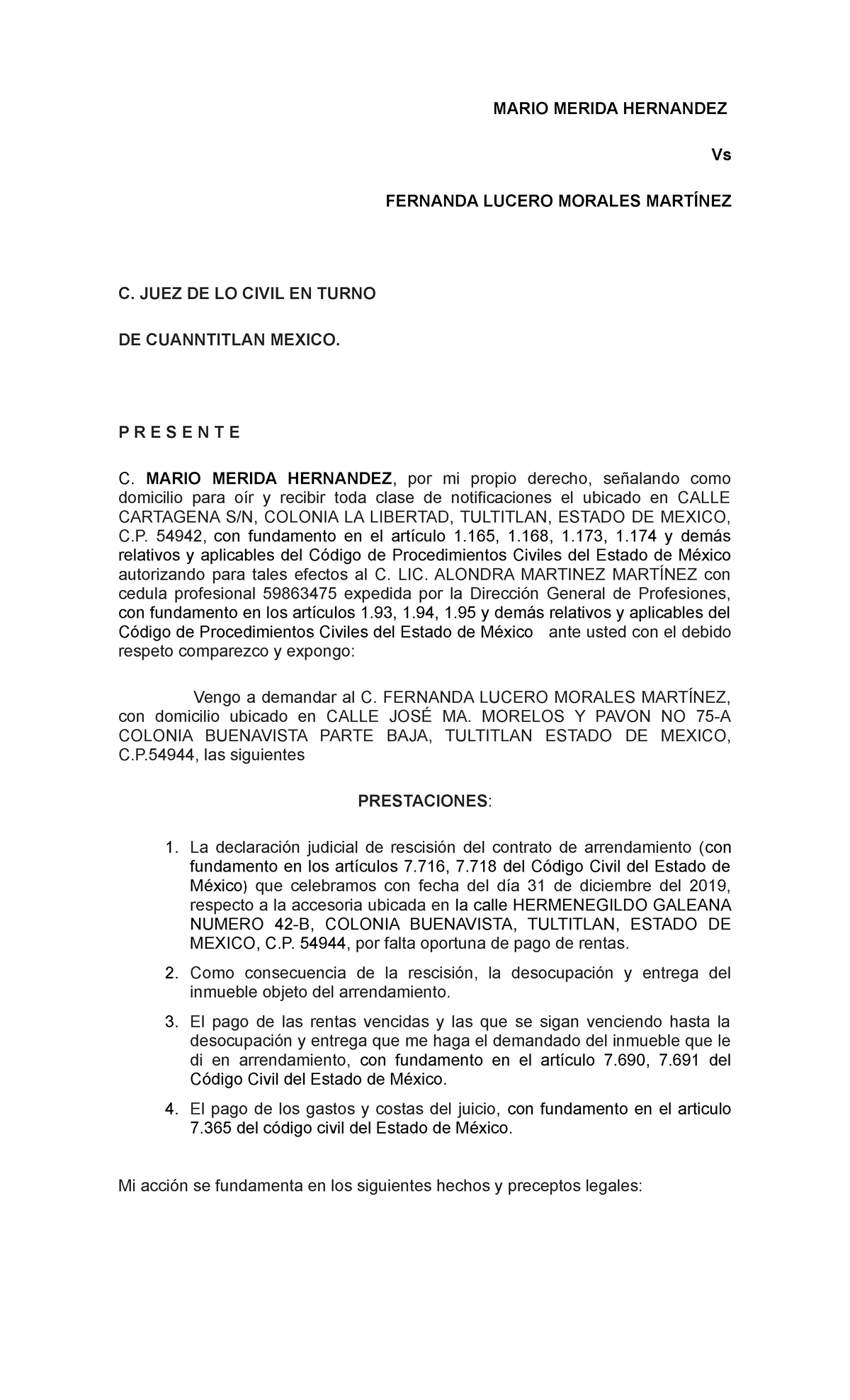 Demanda DE Rescisión DE Contrato DE Arrendamiento DE Local Comercial POR  Falta DE PAGO - MARIO - Studocu