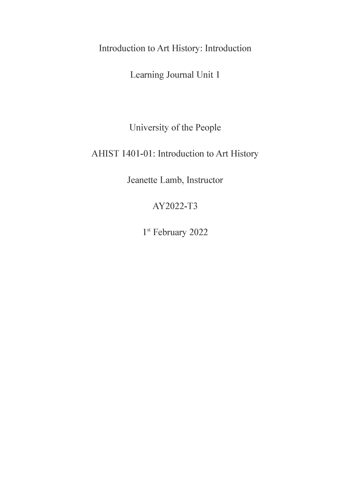 Introduction To Art History Learning Journal Unit 1 - Introduction To ...