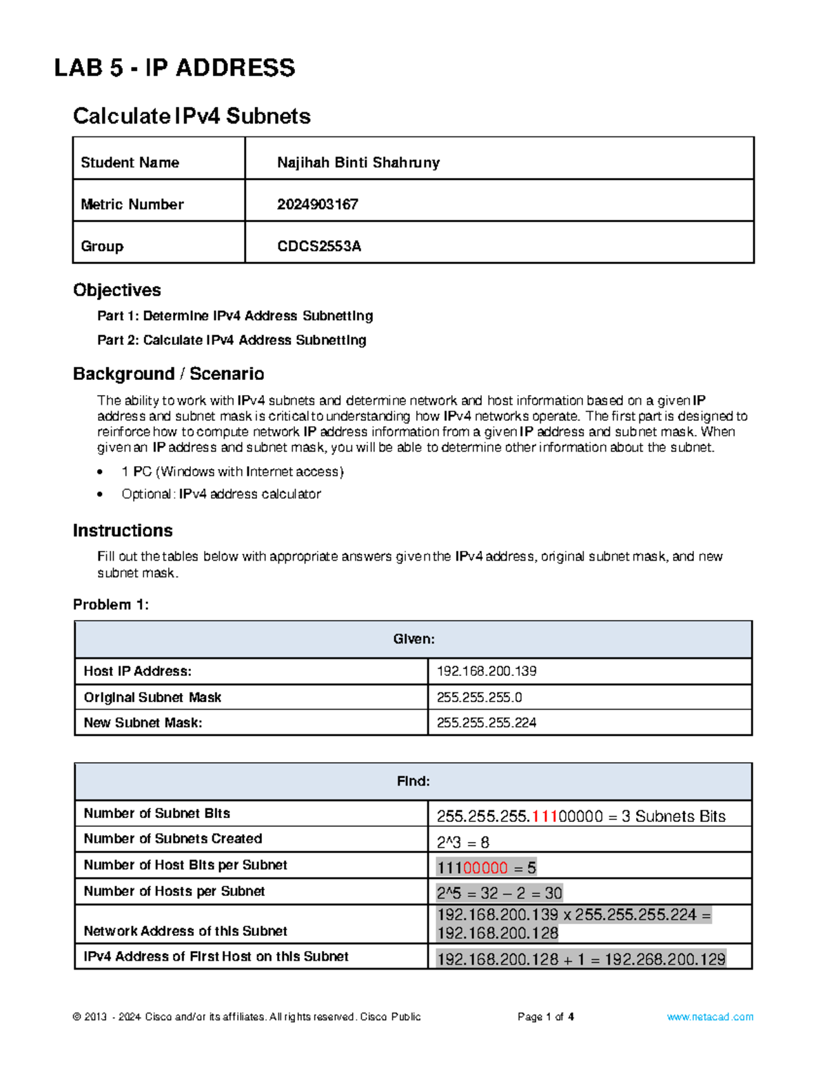 2024903167 Najihah Shahruny LAB4 - LAB 5 - IP ADDRESS Calculate IPv4 ...