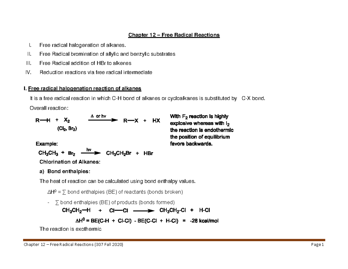 Chapter 12 - Free Radical Reaction - 307 Fall - Final 1 - Chapter 12 ...