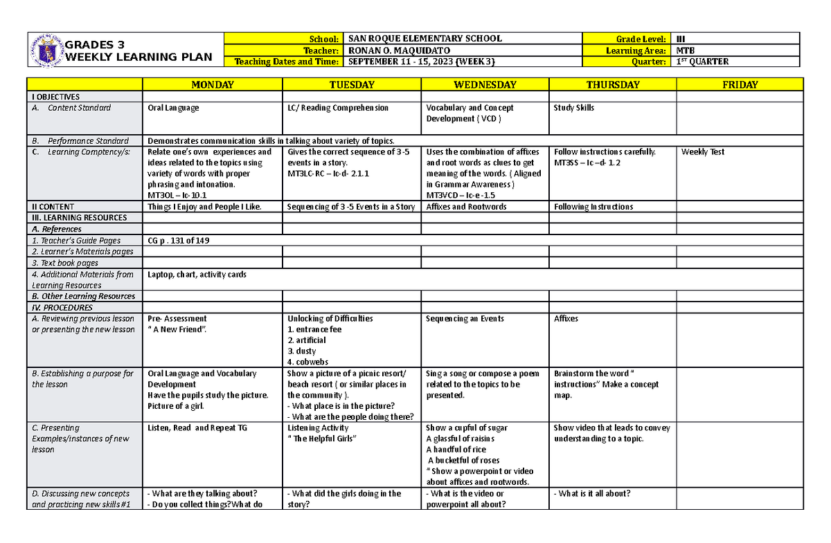 DLL MTB 3 Q1 W3 - THANK YOU - GRADES 3 WEEKLY LEARNING PLAN School: SAN ...