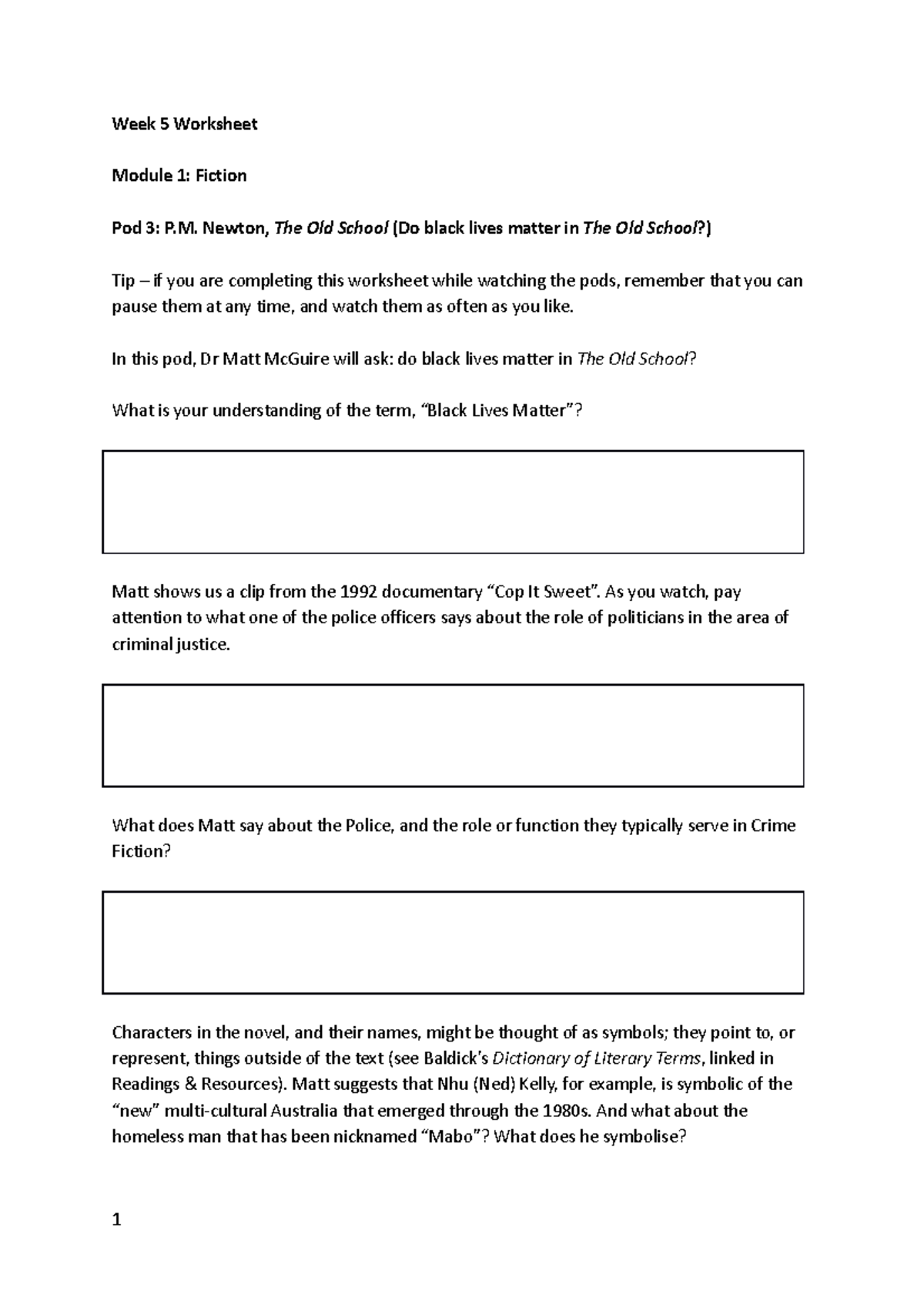 ILS Week 5 Worksheet by C - Week 5 Worksheet Module 1: Fiction Pod 3: P ...