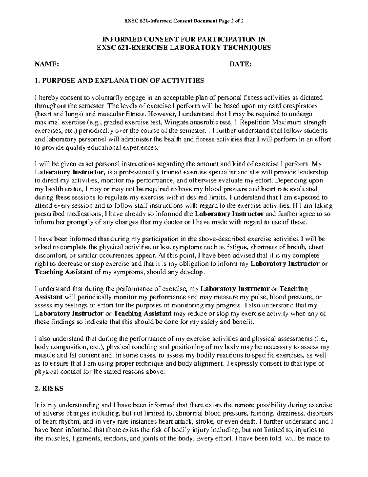 EXSC 621 Informed Consent - PURPOSE AND EXPLANATION OF ACTIVITIES I ...