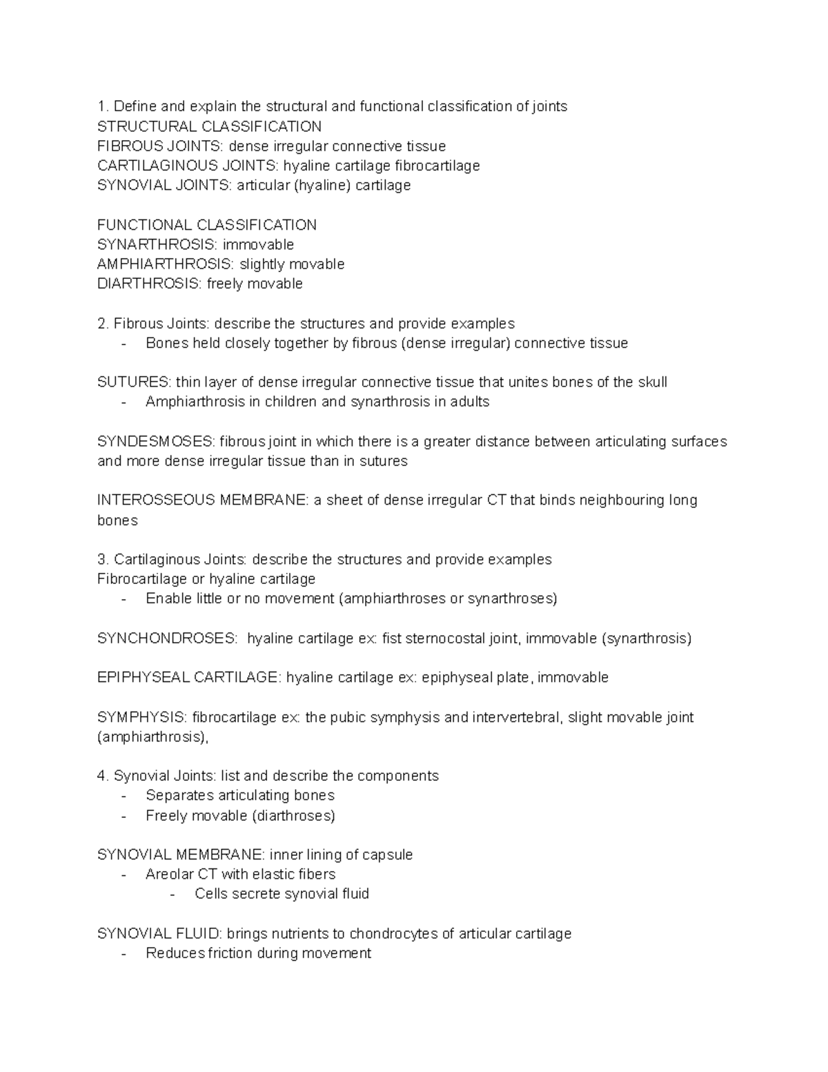 BIOL 1190 - Joints - notes - Define and explain the structural and ...