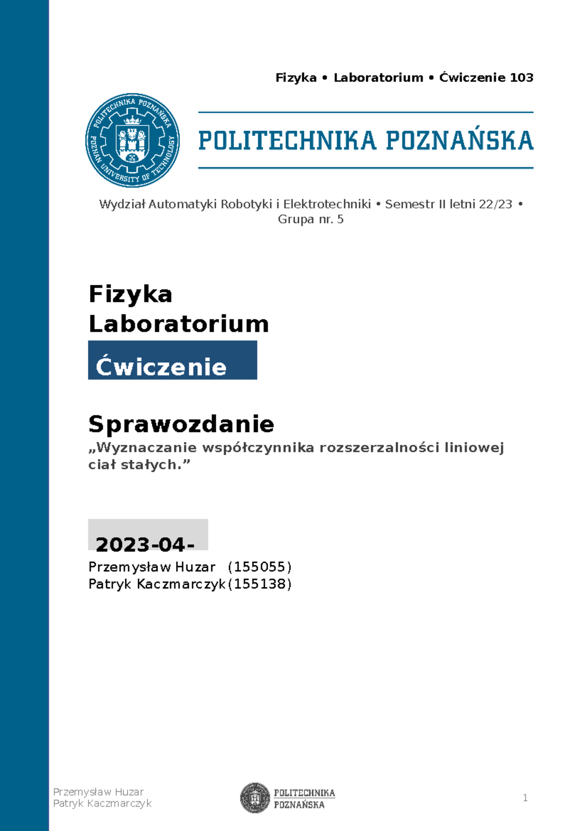 Sprawozdanie 103(poprawione) - Fizyka • Laboratorium • Ćwiczenie 103 ...