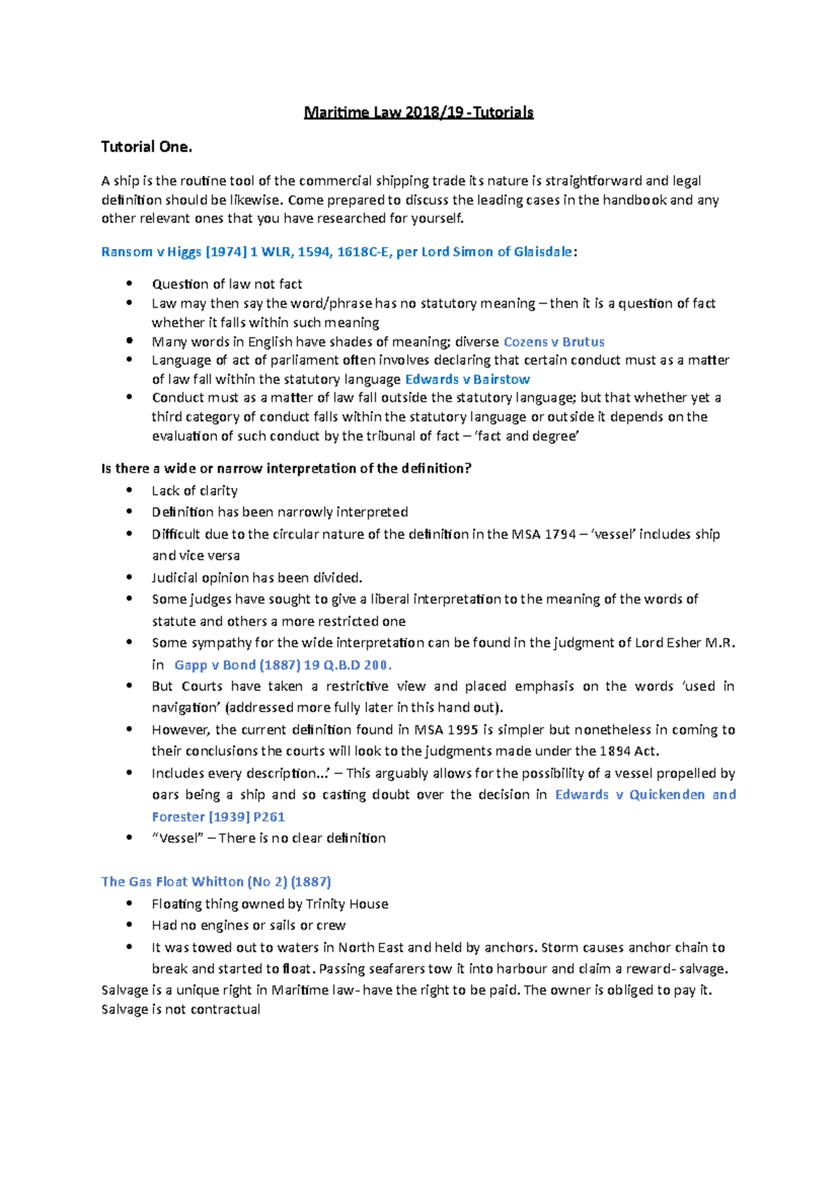 Maritime Law tutorials - Mariime Law 2018/19 -Tutorials Tutorial One. A ...