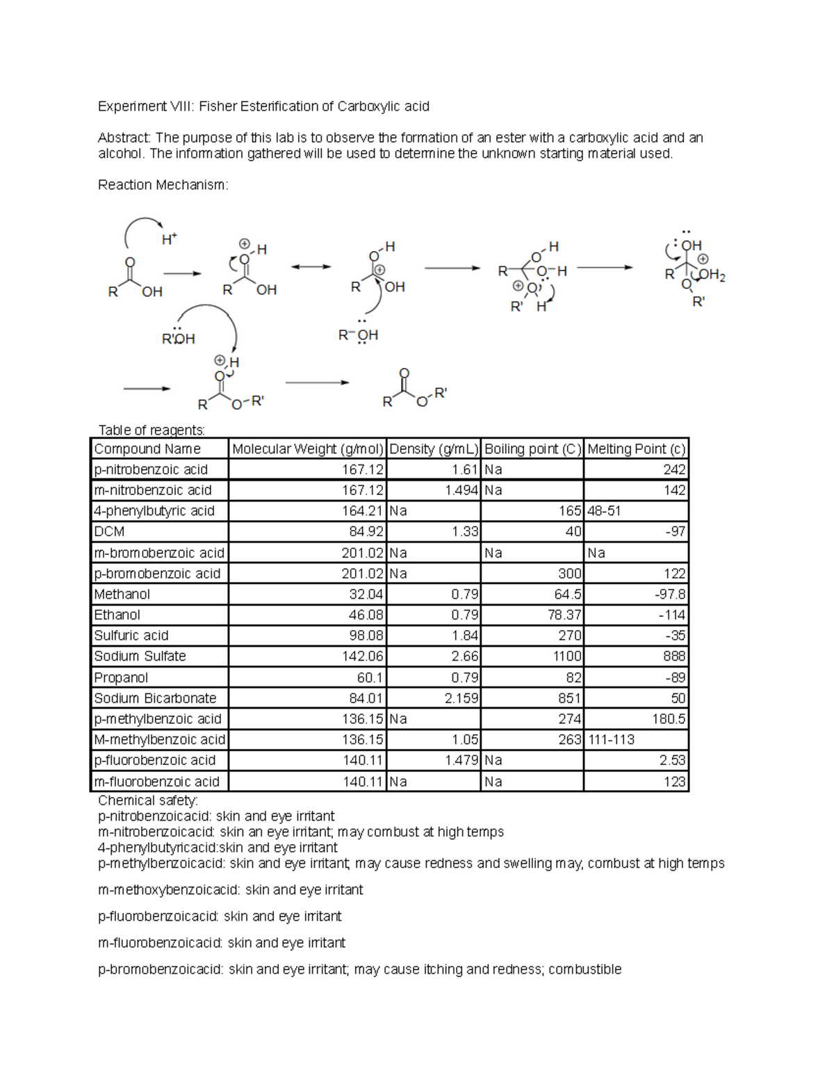 Experiment VIII - OC II report - Experiment VIII: Fisher Esterification ...