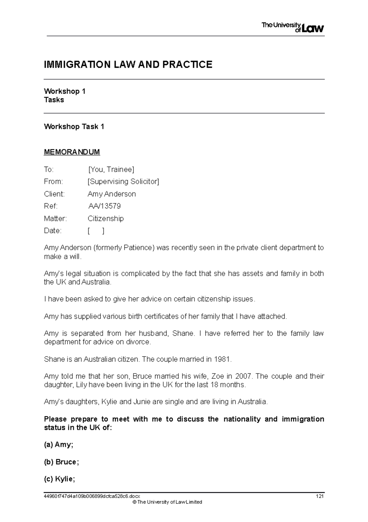 1920 imm ws01 ce02 task t - IMMIGRATION LAW AND PRACTICE Workshop 1 ...