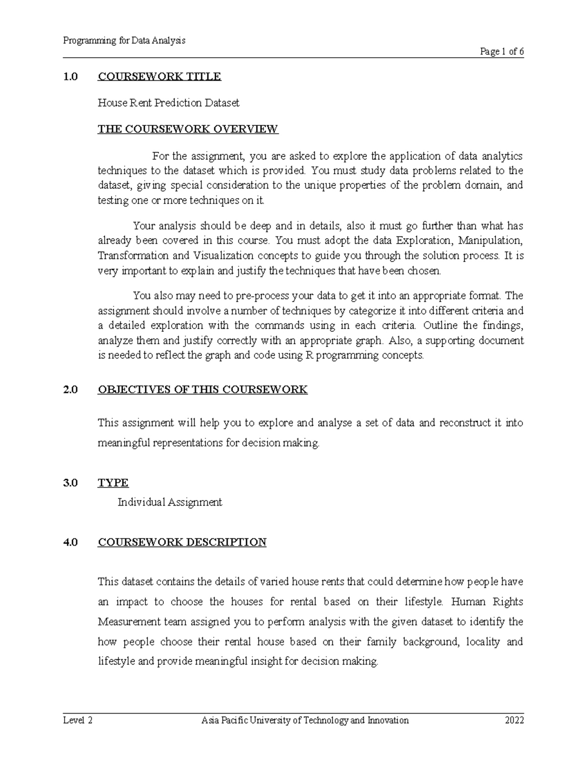 Assignment Question Page 1 of 6 1 COURSEWORK TITLE House Rent Prediction Dataset THE