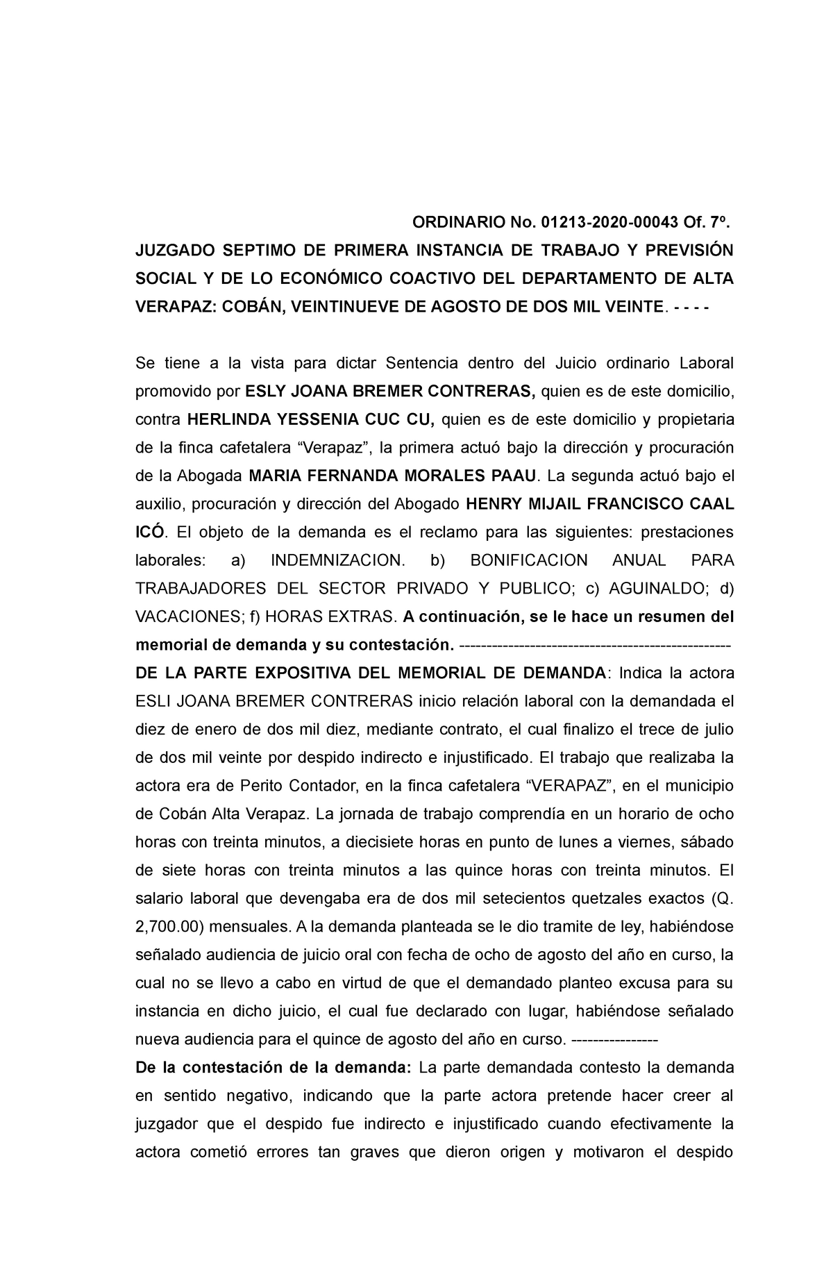 Sentencia Laboral - Grupo 7 - ORDINARIO No. 01213-2020-00043 Of. 7º.  JUZGADO SEPTIMO DE PRIMERA - Studocu