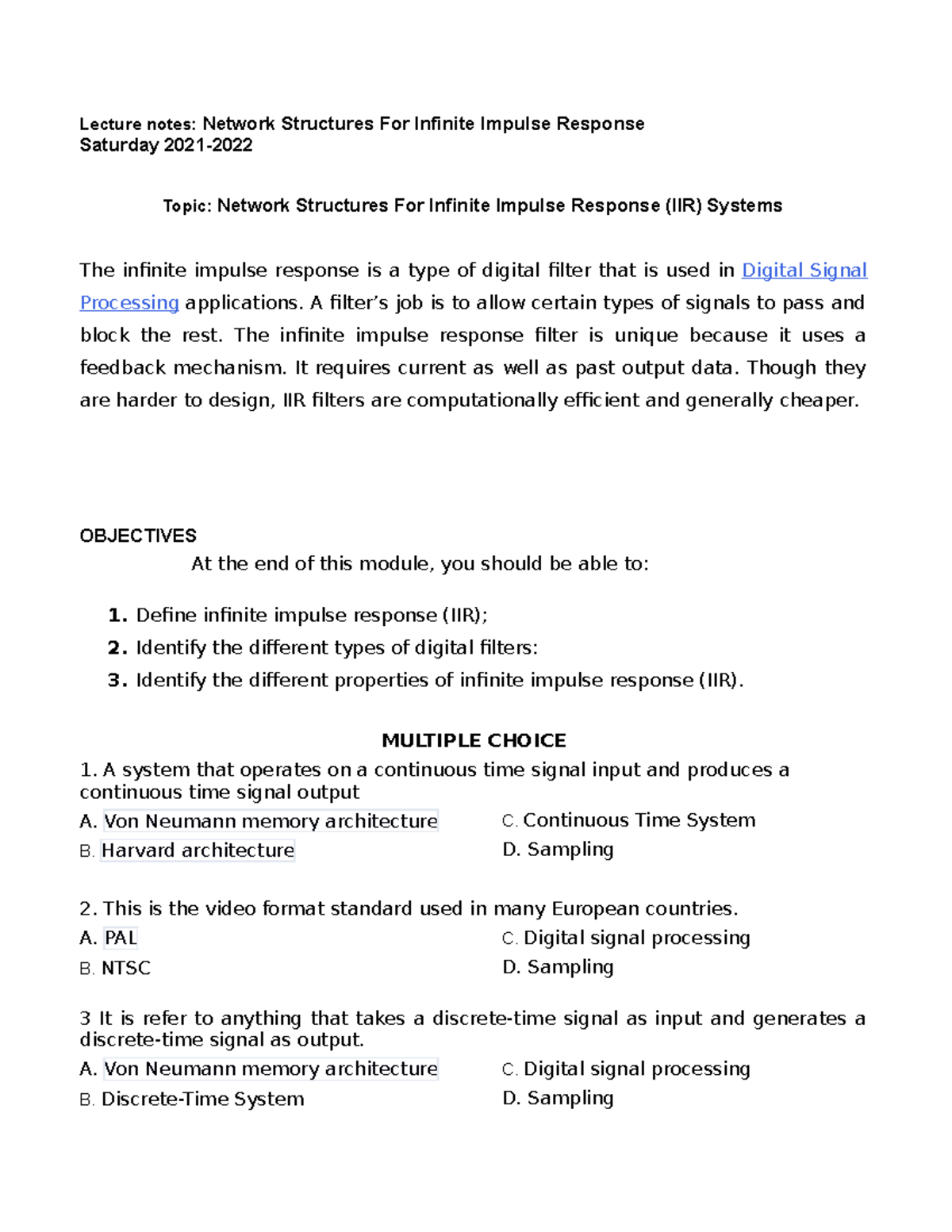 Lecture Notes Network Structures For Infinite Impulse Response System Lecture Notes Network Structures For Infinite Impulse Response System