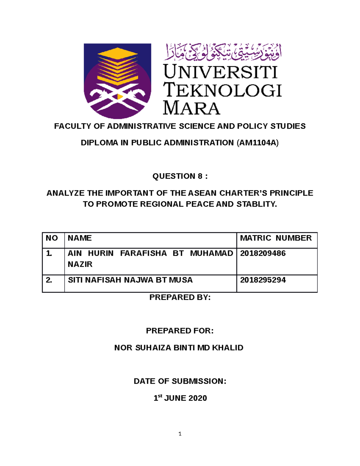 Importance Asean Charter Principle FACULTY OF ADMINISTRATIVE SCIENCE
