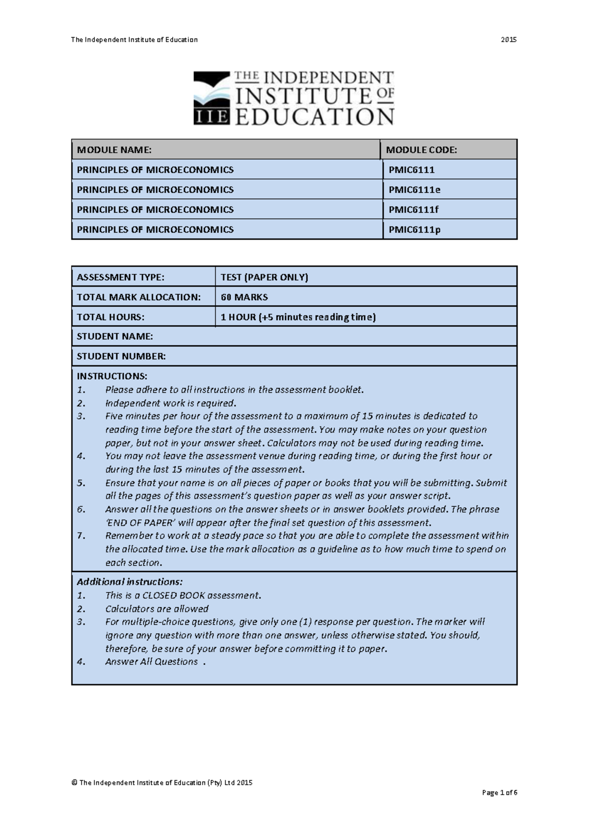 PMIC6111T2a - Practice - MODULE NAME: MODULE CODE: PRINCIPLES OF ...