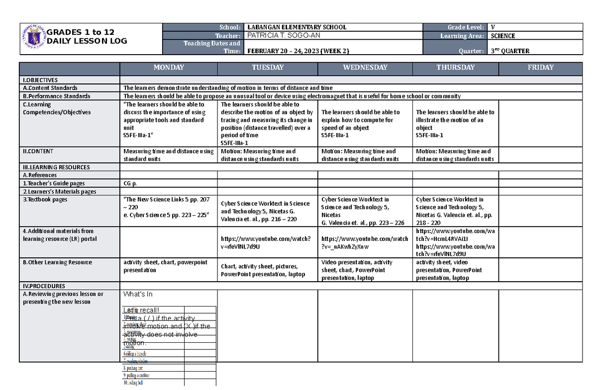 DLL Science 5 Q3 W2 - GRADES 1 to 12 DAILY LESSON LOG School: LABANGAN ...