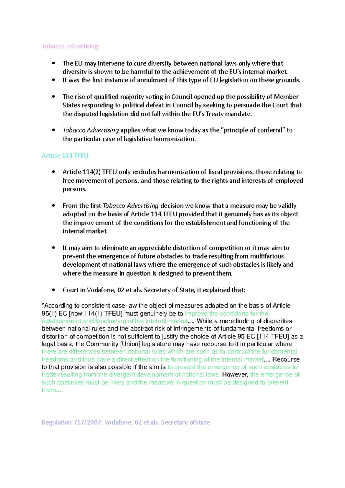 Notes week 2 Tobacco Advertising criteria, Art. 114 as a legal base