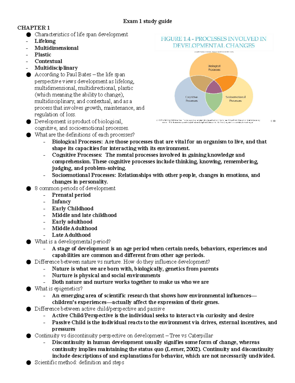 Exam 1 study guide - CHAPTER 1 Characteristics of life span development ...