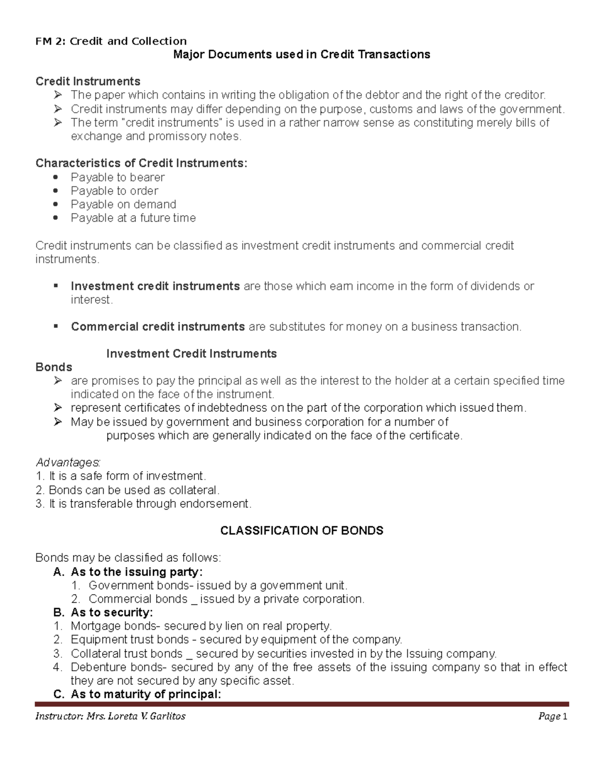 Major Documents used in Credit Transactions - Credit instruments may ...