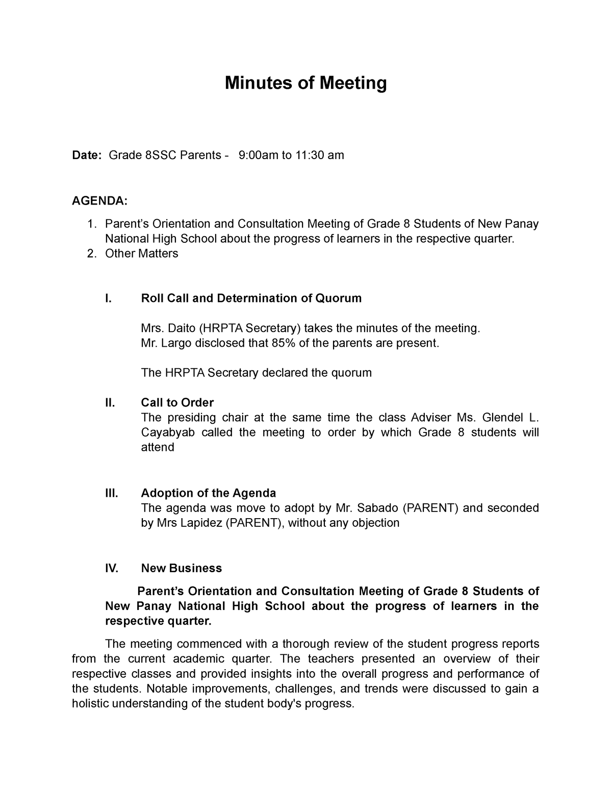 Minutes of Meeting-COT - Minutes of Meeting Date: Grade 8SSC Parents ...