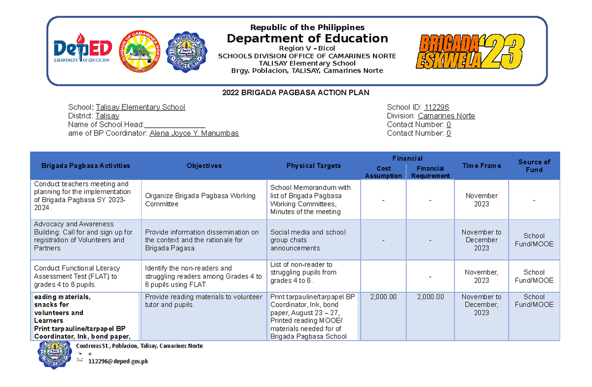 Brigada Pagbasa Action Plan 2023 000001 Republic Of The Philippines Department Of Education 6973