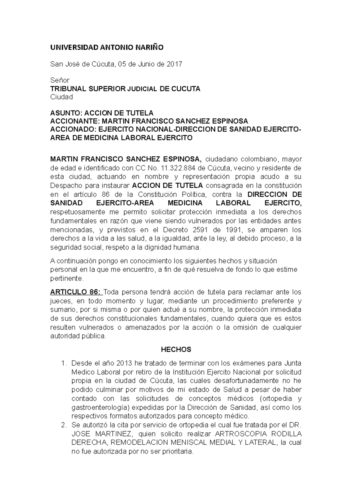 Accion De Tutela Tutela Disan Francisco - Universidad Antonio NariÑo 