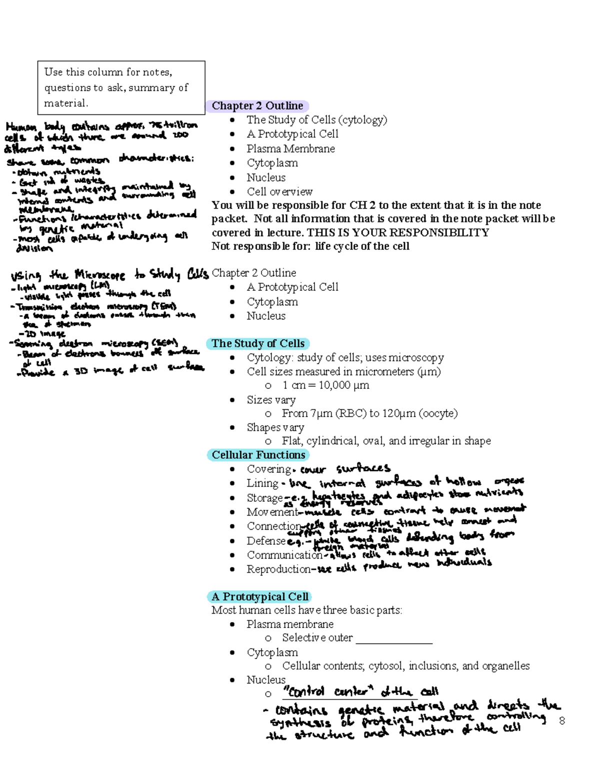 Chapter 2 - 8 Chapter 2 Outline The Study of Cells (cytology) A ...