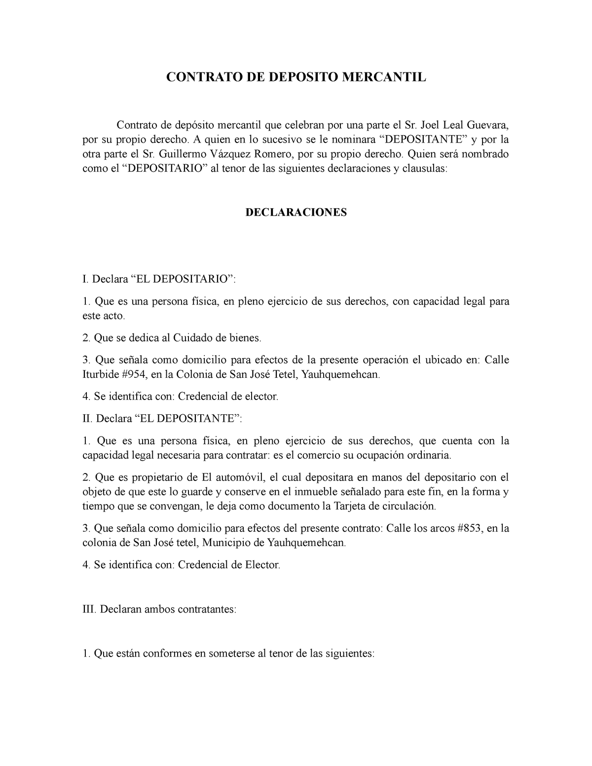 Formato Deposito Mercantil Contrato De Deposito Mercantil Contrato De Depósito Mercantil Que 7347