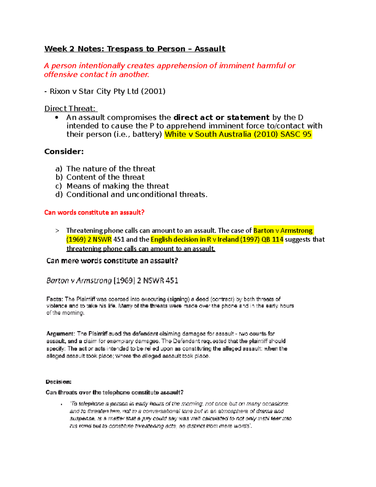 Week 2 Notes Torts - Assault, Battery & Imprisonment - Week 2 Notes ...