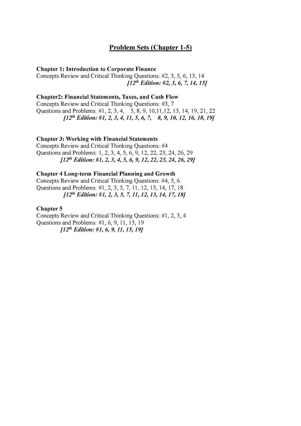 Problem Set 1-2 - Problem Sets (Chapter 1-5) Chapter 1: Introduction to ...