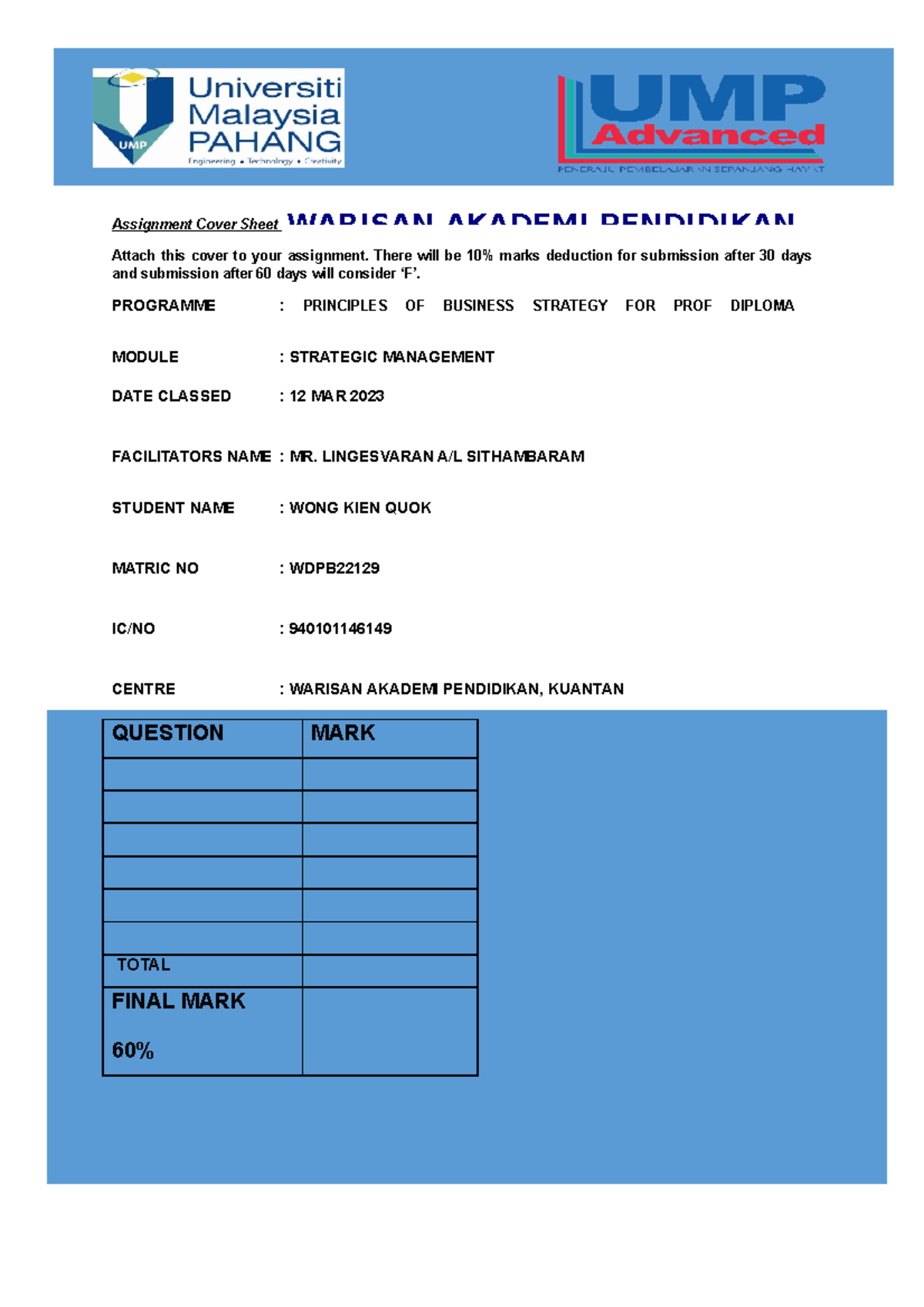Strategic Management (Assignment) - Assignment Cover Sheet Attach this ...