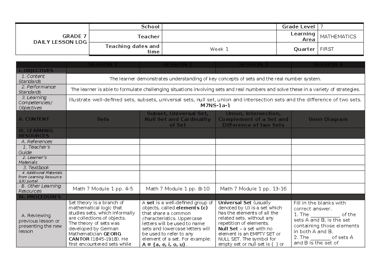 G7 DLL Q1 WK1-2 - math - GRADE 7 DAILY LESSON LOG School Grade Level 7 ...
