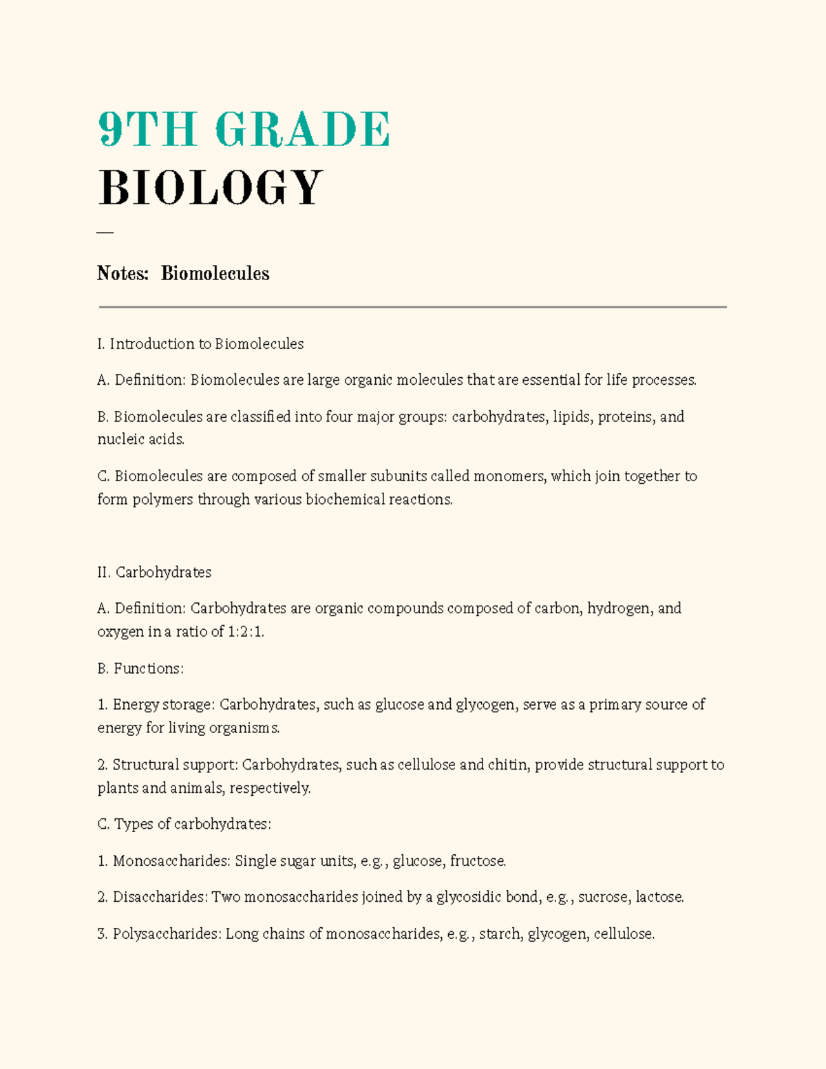 Biomolecules Biology 9TH GRADE BIOLOGY ___ Notes Biomolecules I