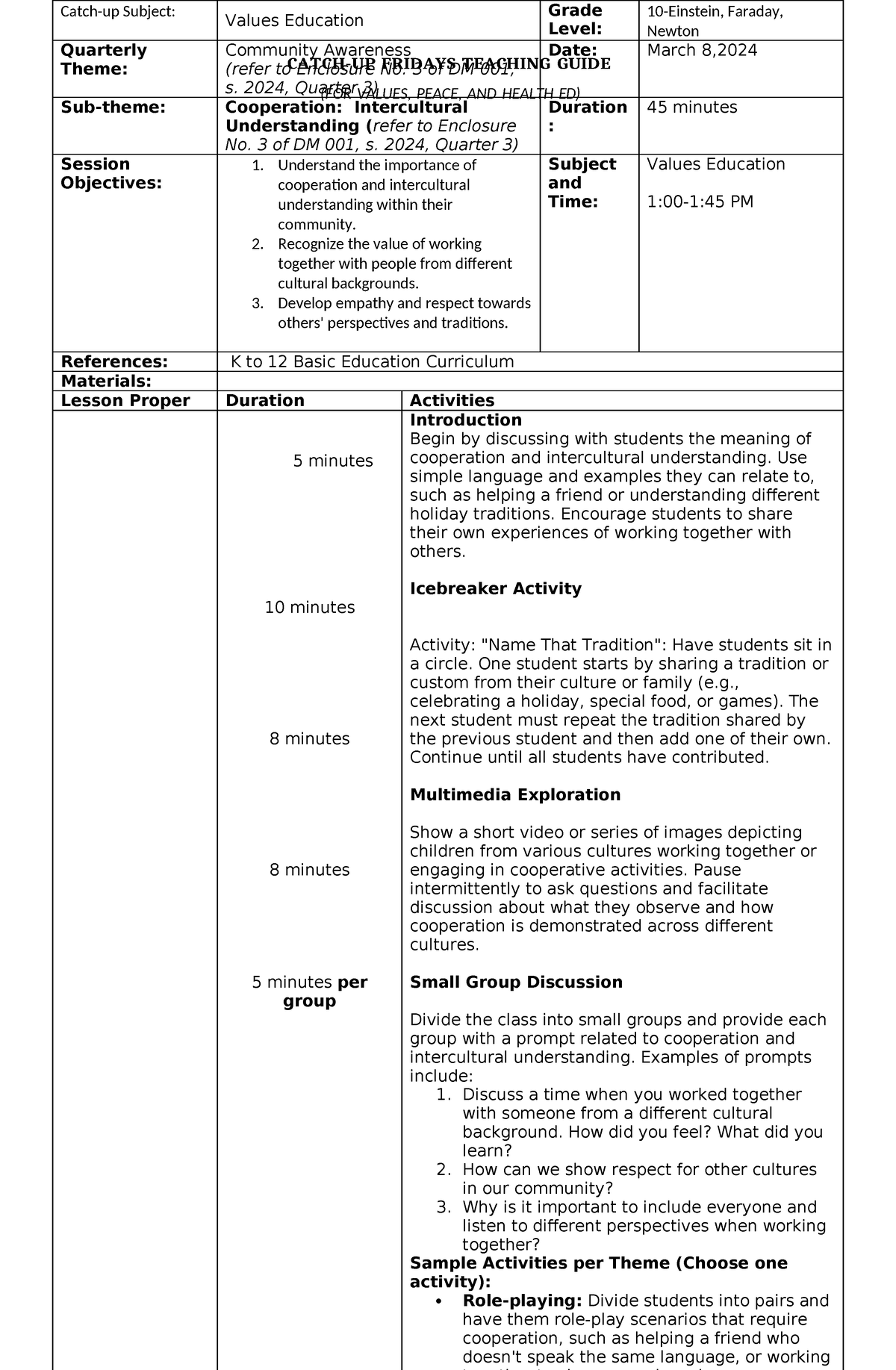 Grade 10 Values Education - CATCH-UP FRIDAYS TEACHING GUIDE (FOR VALUES ...