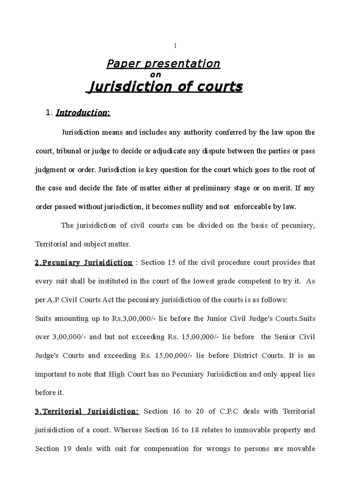 Jurisdiction OF Courts - Paper presentation on Jurisdiction of courts 1 ...