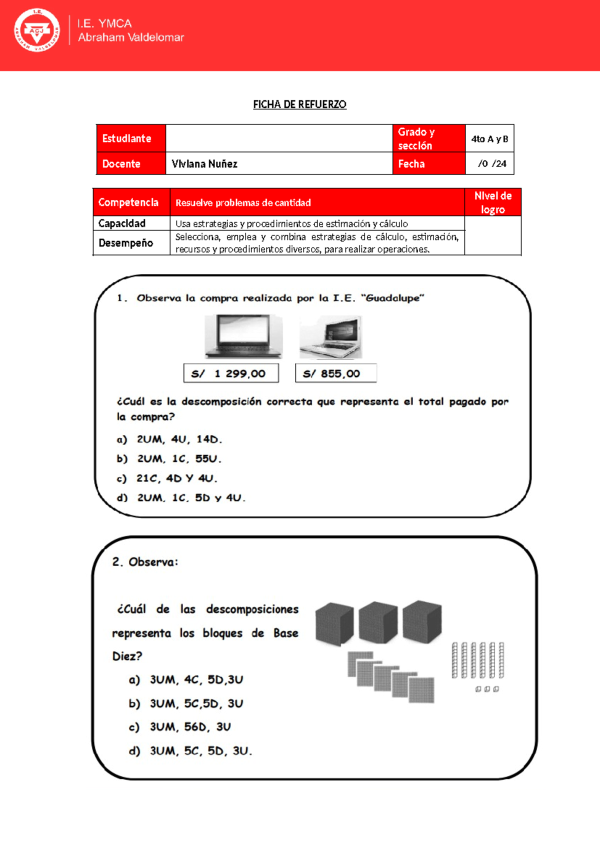 Ficha DE Refuerzo - Didáctica De La Matemática - FICHA DE REFUERZO ...