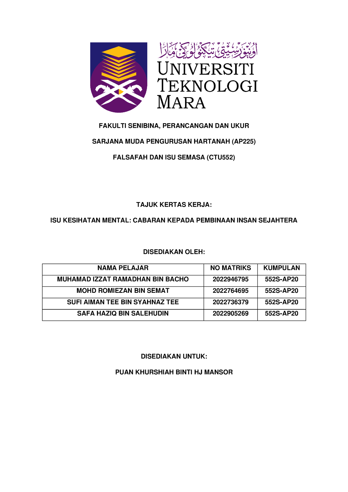 Kertas Kerja CTU552 2022 - FAKULTI SENIBINA, PERANCANGAN DAN UKUR ...